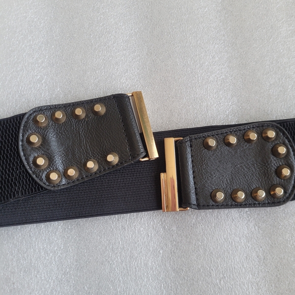 Studded Elastic Waist Belt Faux Leather with Gold Buckle - Picture 5 of 11
